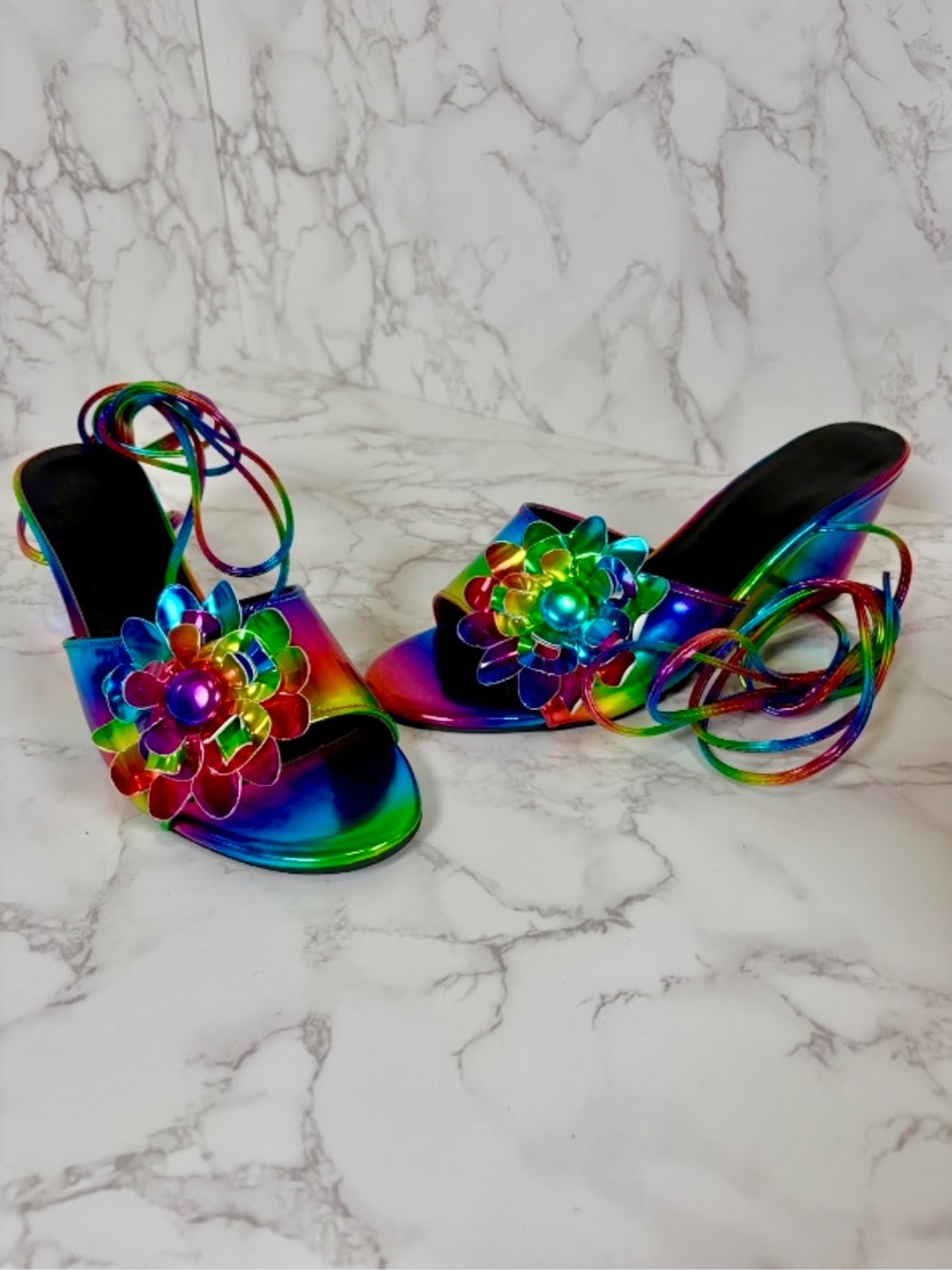 SHOES: Rainbow Floral Mules w/Leg Straps, EUC - Picture 10 of 12